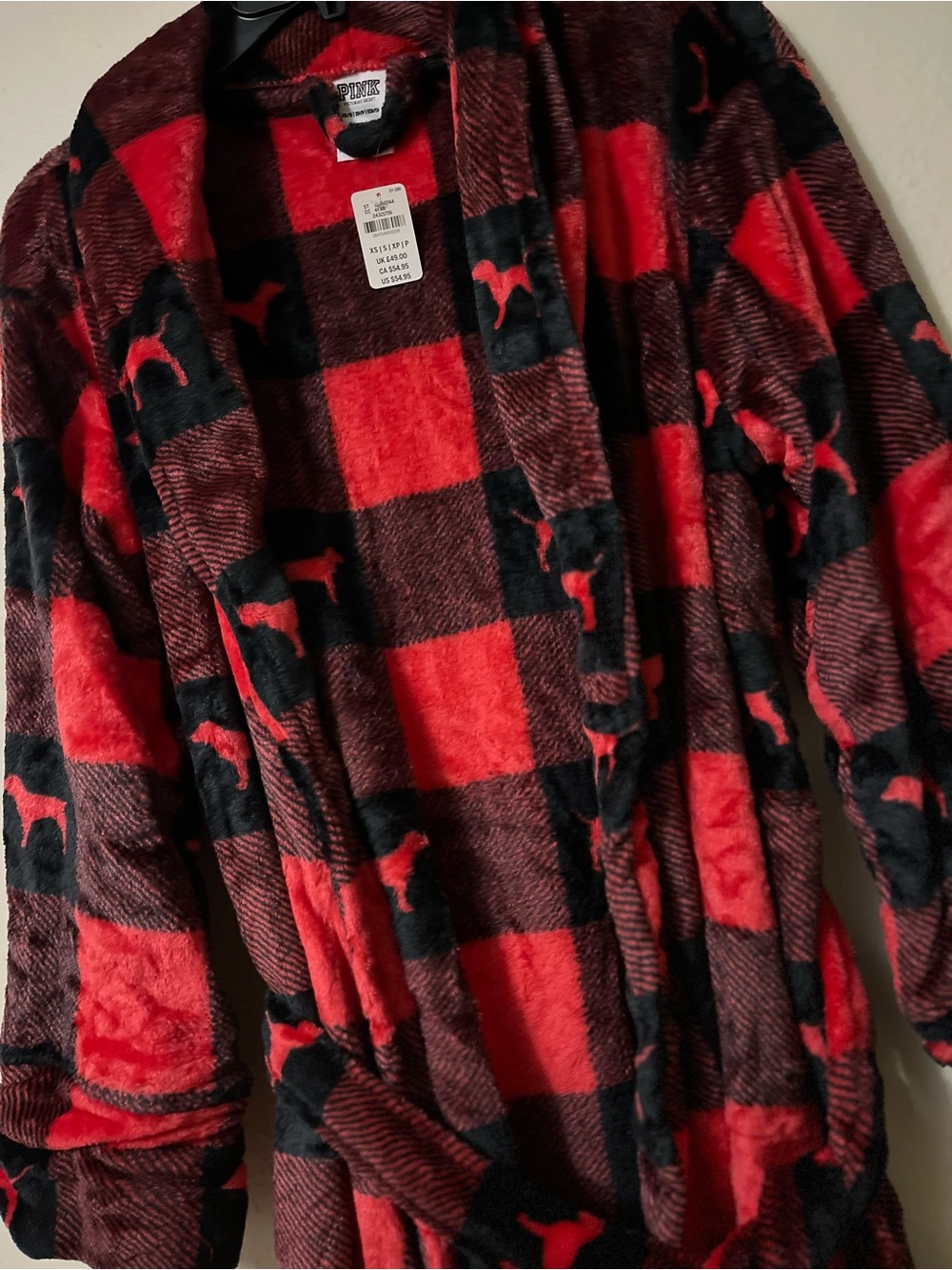PINK Victoria's Secret Red & Black Buffalo Plaid Hooded Robe with Dog Print